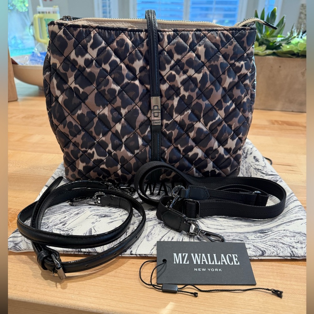 SOLD MZ Wallace Quilted Crossbody Bag in Black and Taupe Leopard Print